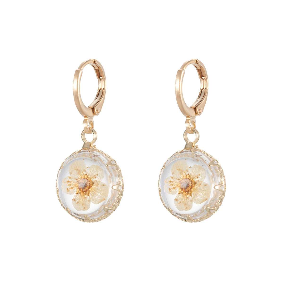 Yellow Pressed Flower & Goldtone Round Huggie Earrings