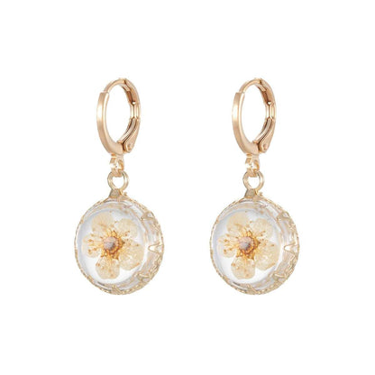 Yellow Pressed Flower & Goldtone Round Huggie Earrings