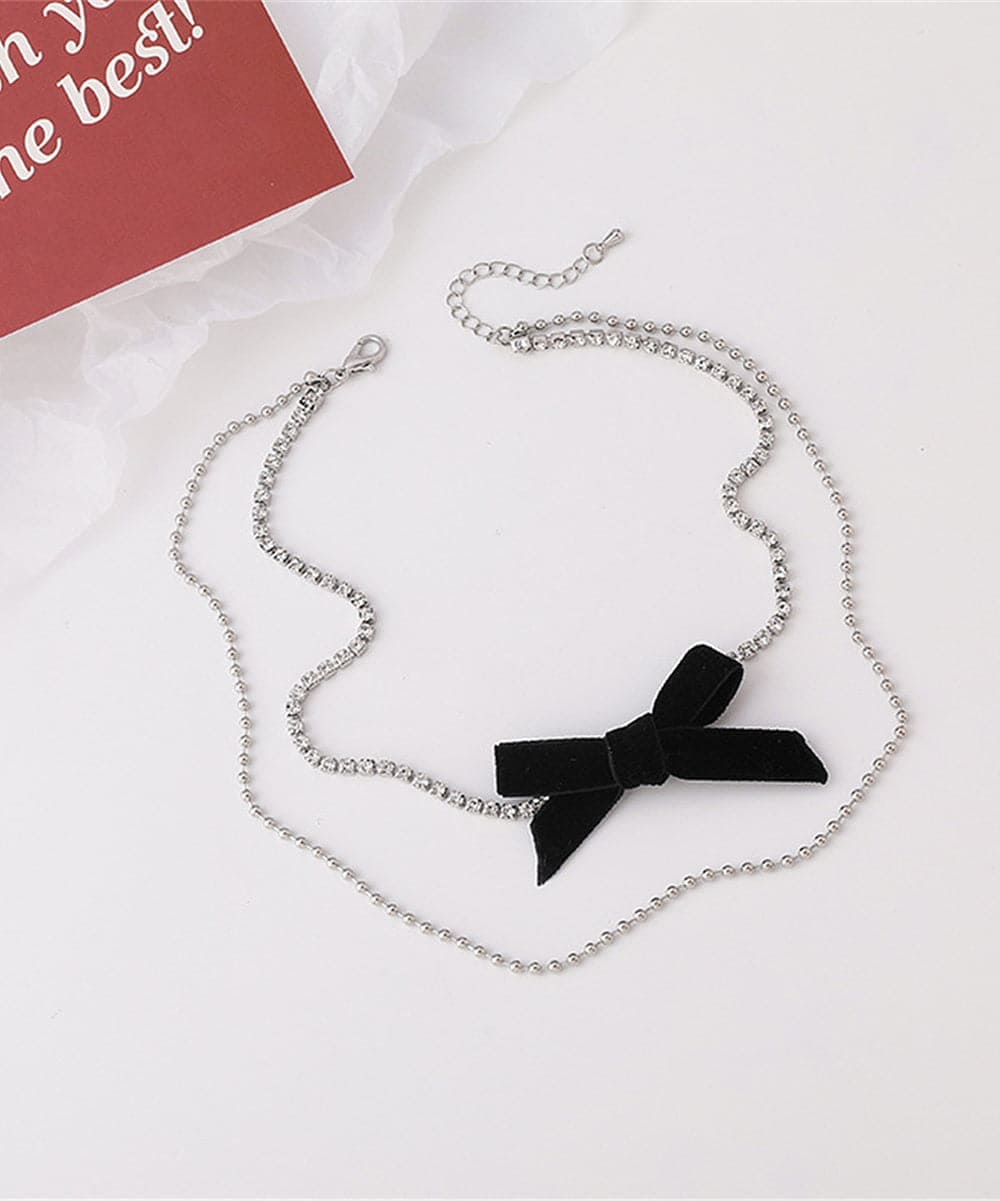 Cubic Zirconia & Silvertone Bow Layered Necklace