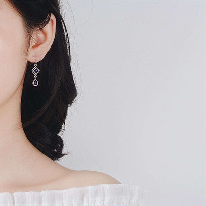 Dark Blue Crystal & Silvertone Princess Drop Earrings