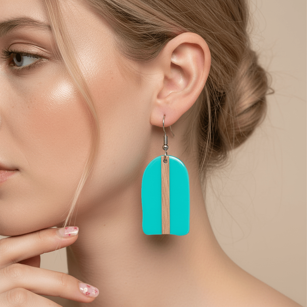 Light Blue Resin & Wood Silvertone Arch Hook Earrings