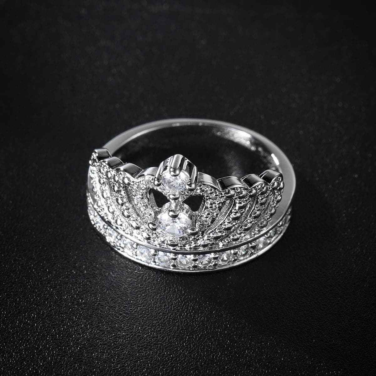 Cubic Zirconia & Silvertone Crown Band Ring