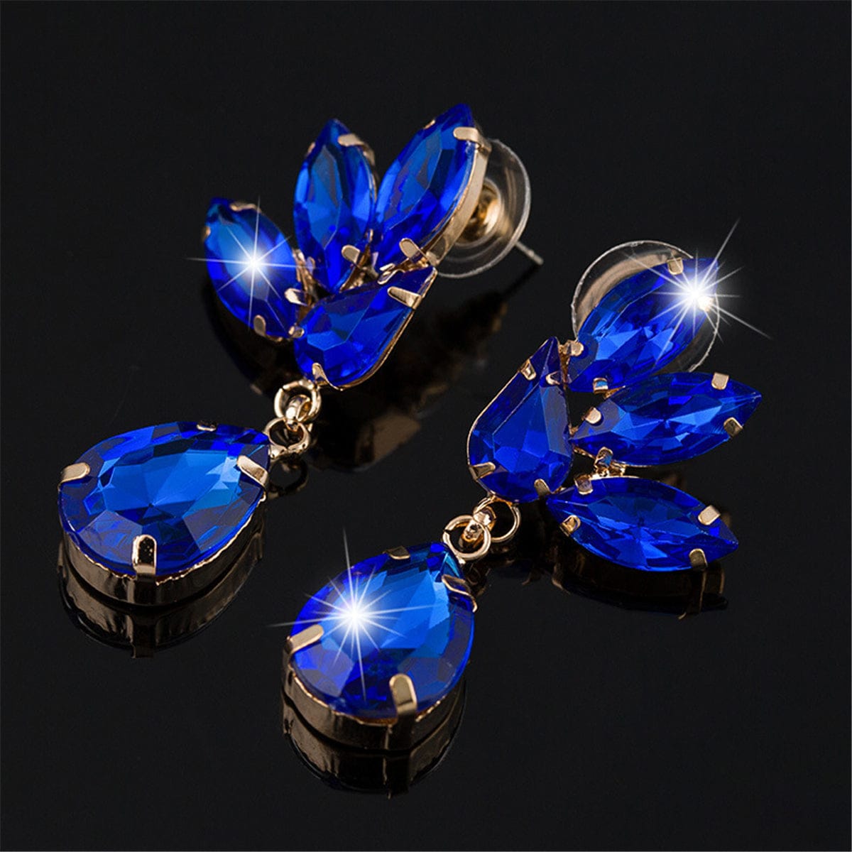 Blue Crystal & Goldtone Marquise Pear Drop Earrings