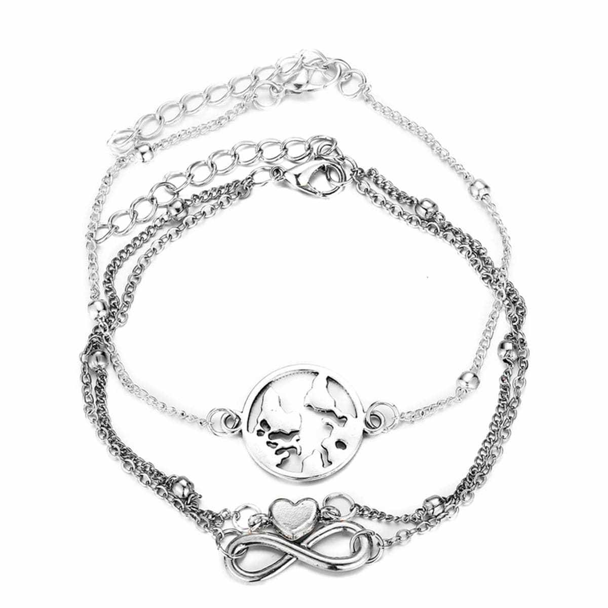 Silvertone Heart Infinity Anklet Set