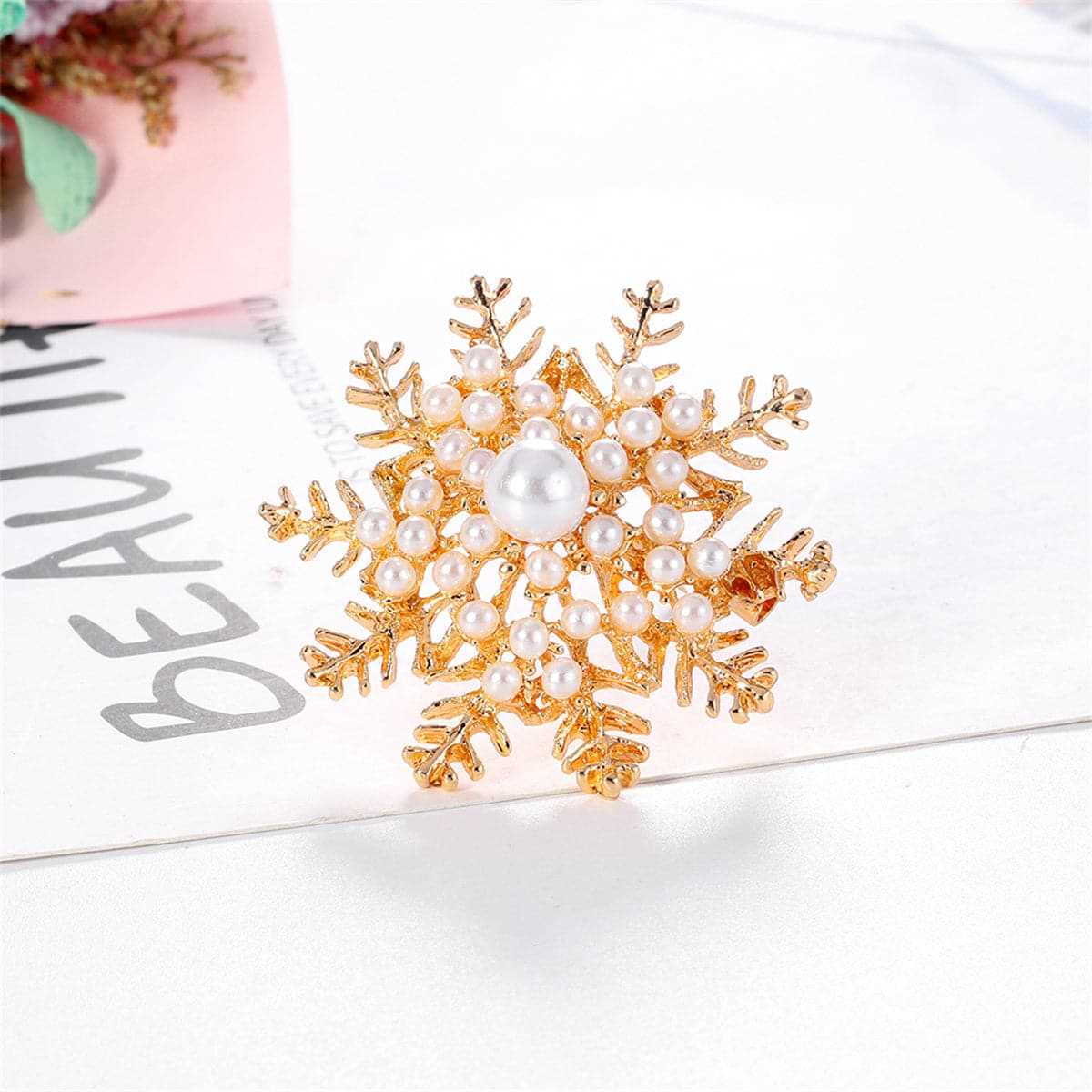 Pearl & Goldtone Snowflake Brooch