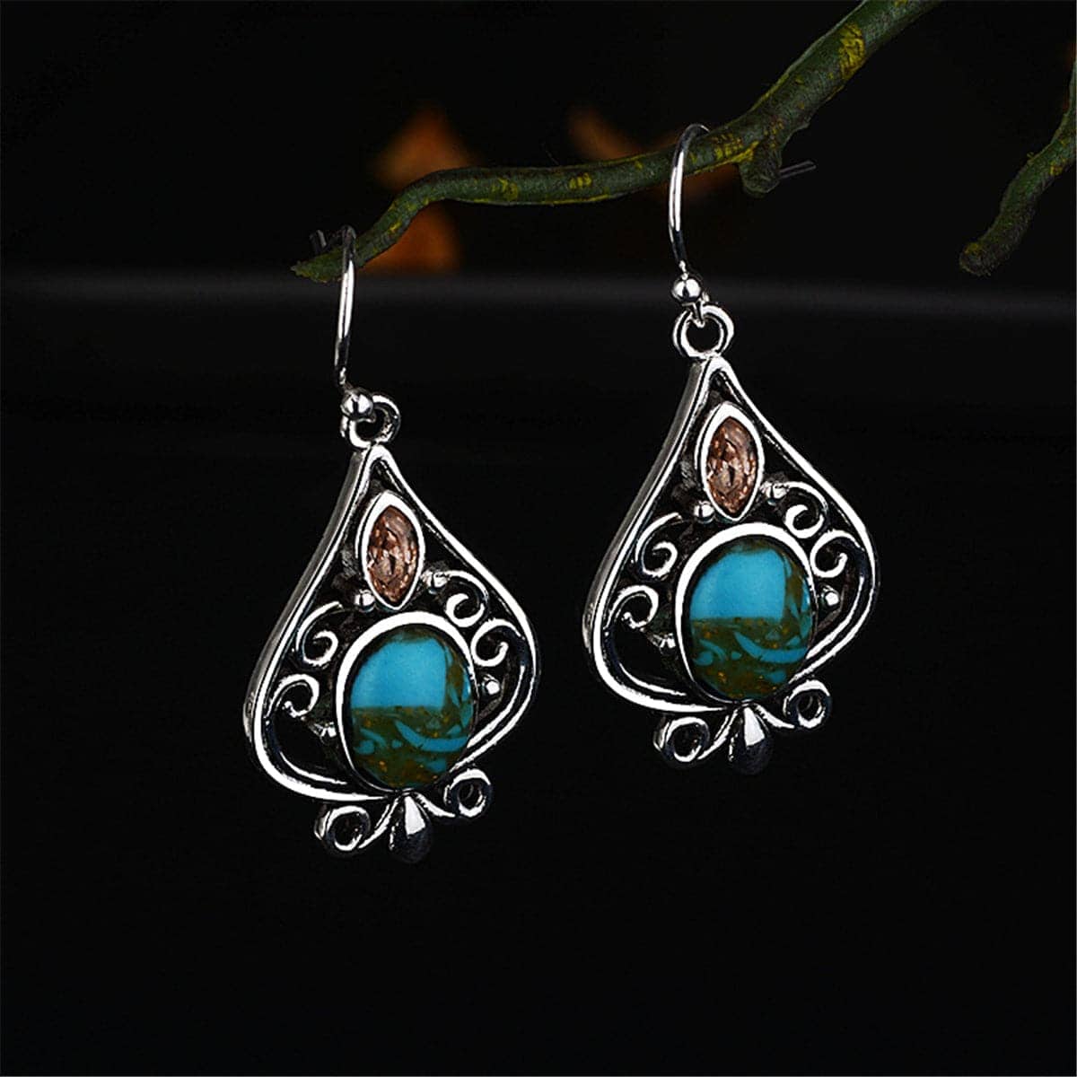 Turquoise & Silvertone Oval Drop Earrings