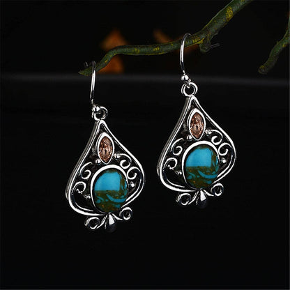 Turquoise & Silvertone Oval Drop Earrings