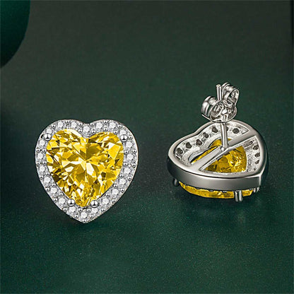 Yellow Crystal & Cubic Zirconia Silvertone Halo Heart Stud Earrings