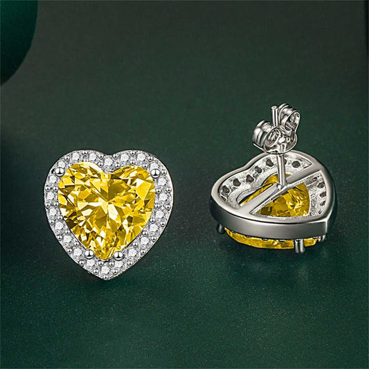 Yellow Crystal & Cubic Zirconia Silvertone Halo Heart Stud Earrings