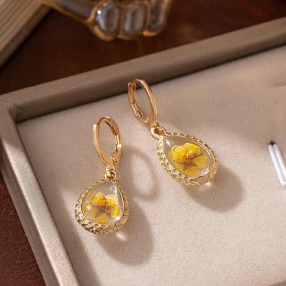 Yellow Pressed Flower & Goldtone Drop Huggie Earrings