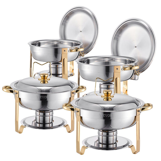 VEVOR 5 Qt 4 Pack Round Chafing Dish Buffet Set Full-Size Pan Stainless Steel Gold - Silver 1