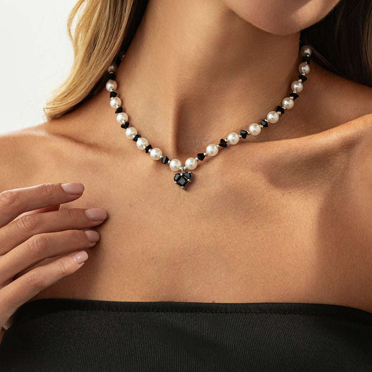 Black Acrylic & Crystal Pearl Silvertone Bead Chain Heart Pendant Necklace