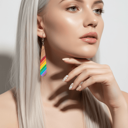 Rainbow Resin & Wood Silvertone Stripped Drop Hook Earrings