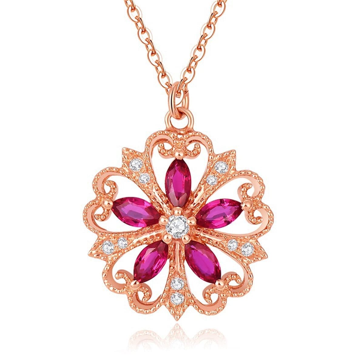 Red Crystal & Cubic Zirconia Rose Goldtone Floral Pendant Necklace-3