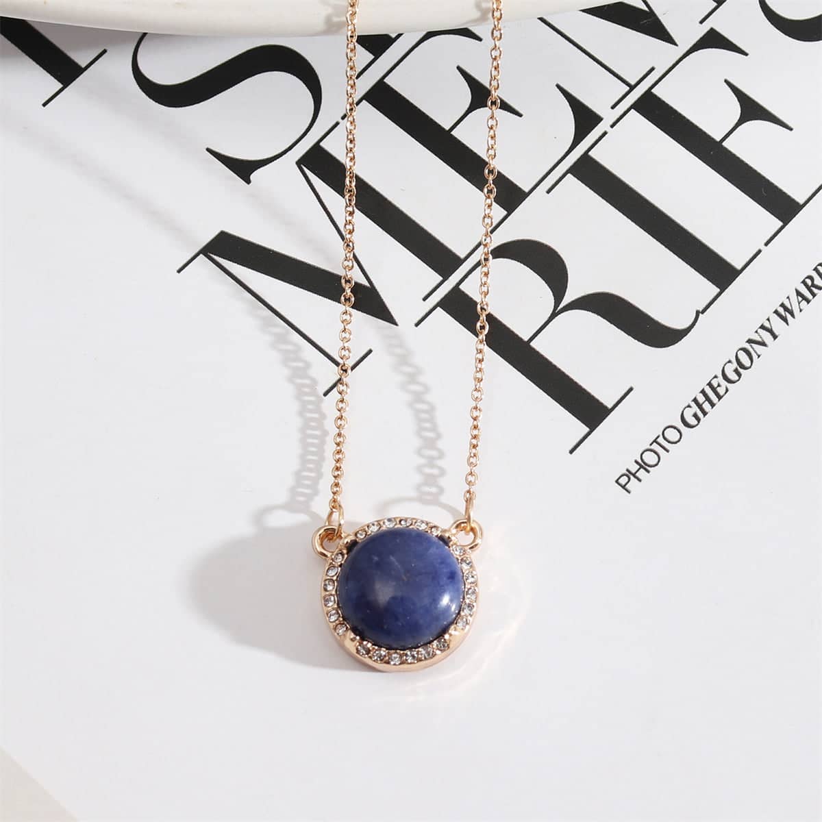 Blue Lapis & Cubic Zirconia Halo Round Pendant Necklace-2