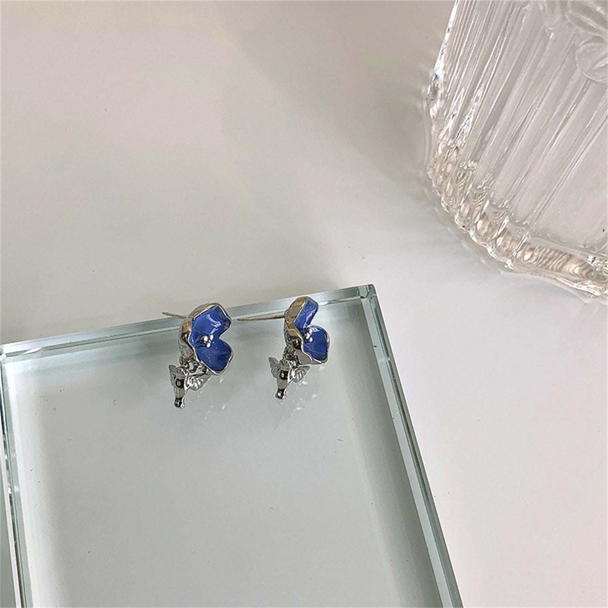 Blue & Silvertone Flower & Bird Drop Earrings