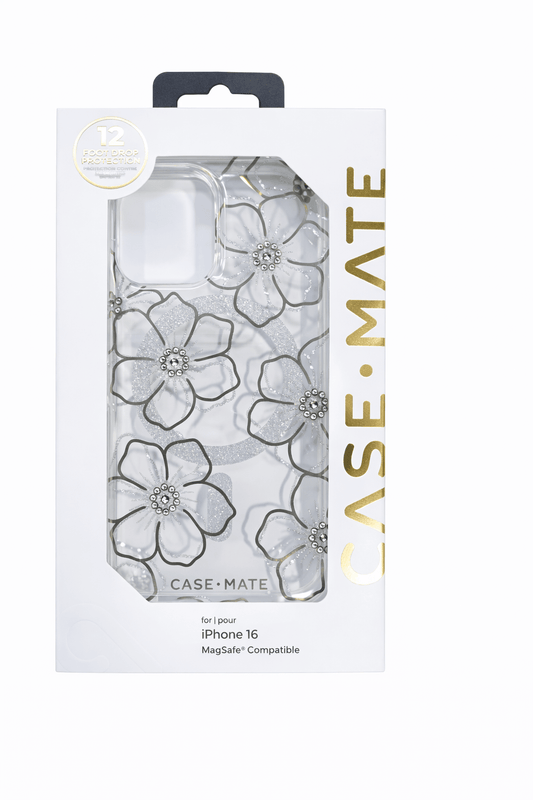 Case-Mate Iphone 16 Case [Compatible with Magsafe] - Sparkly Floral Phone Case with 12ft Drop Protection - Premium Magnetic Cover for Iphone 16 - Floral Gems
