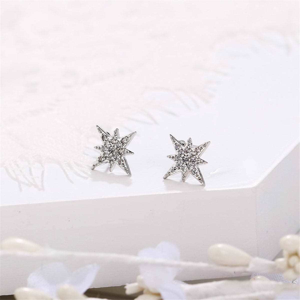 Cubic Zirconia & Silvertone Starburst Stud Earrings