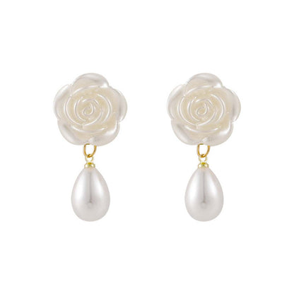 Pearl & White Resin Goldtone Camellia Drop Earrings
