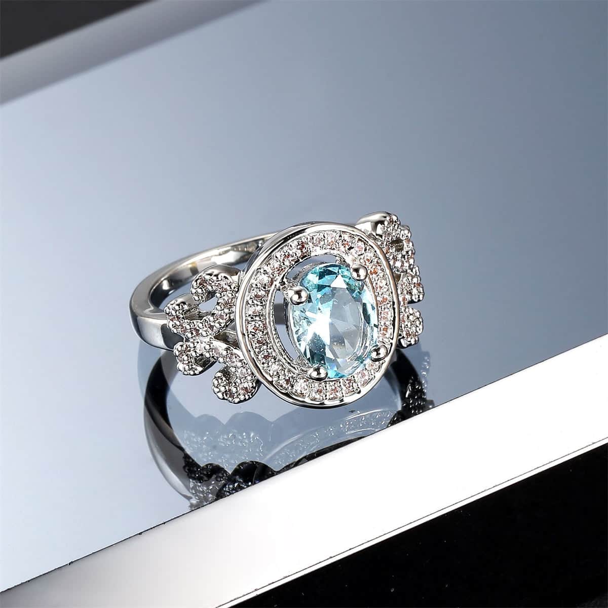 Cubic Zirconia & Sea Blue Crystal Halo Butterfly Ring-1