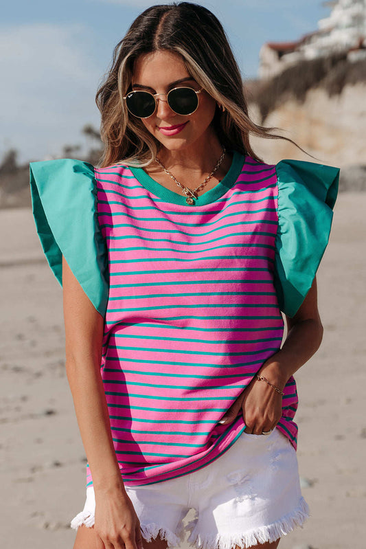 Threaded Pear Adrianna Stripe Ruffled Sleeve Crew Neck Blouse