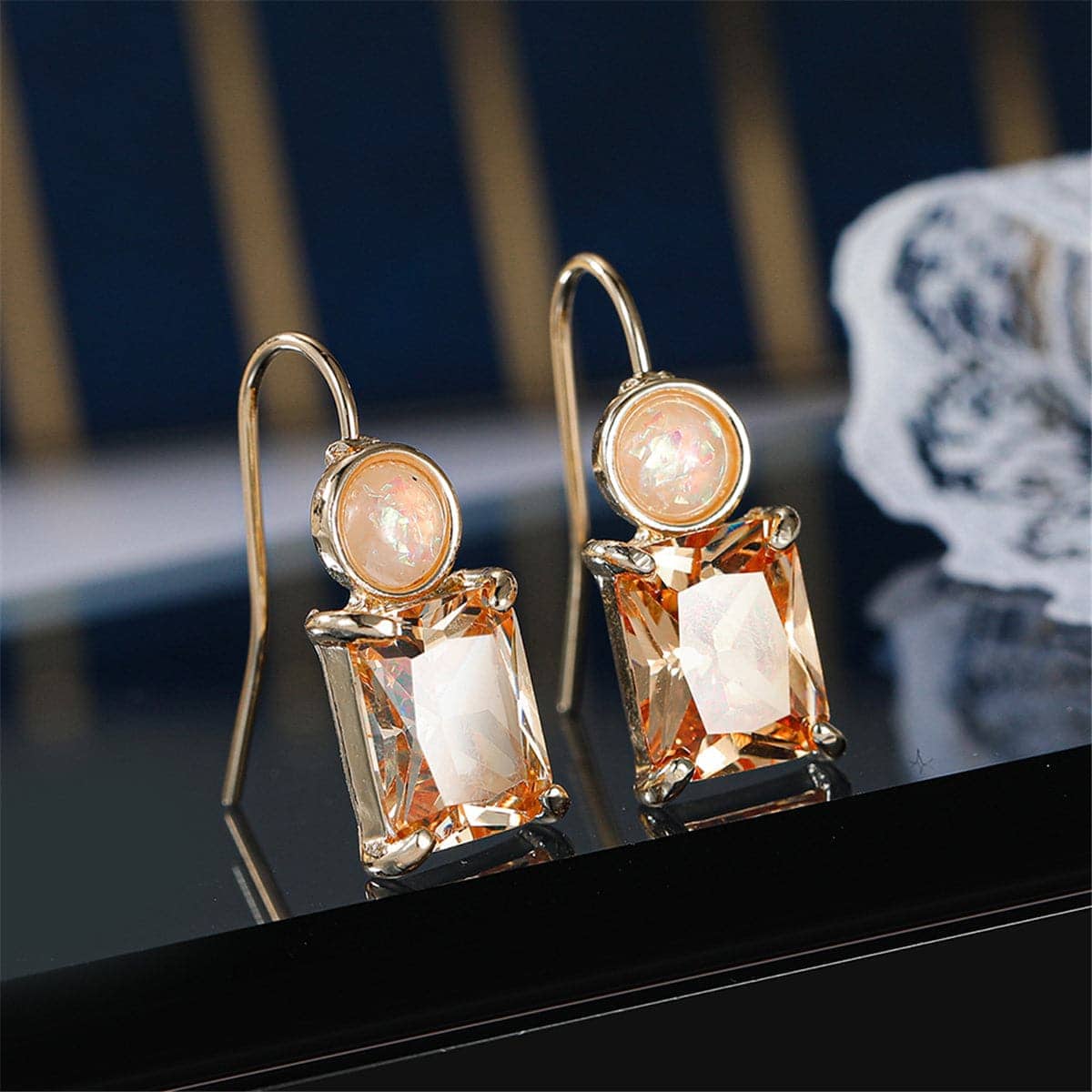 Champagne Crystal & Resin Stacked Circle Drop Earrings