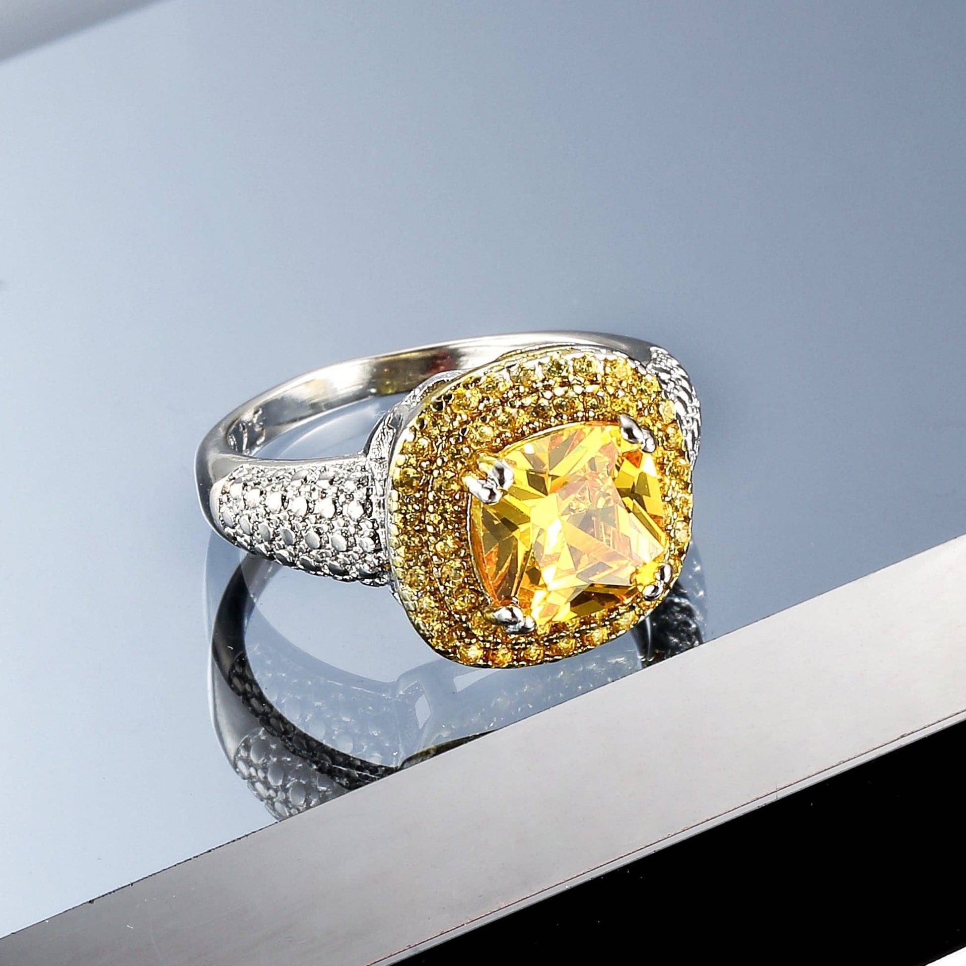 Yellow Crystal & Cubic Zirconia Princess-Cut Halo Ring-2
