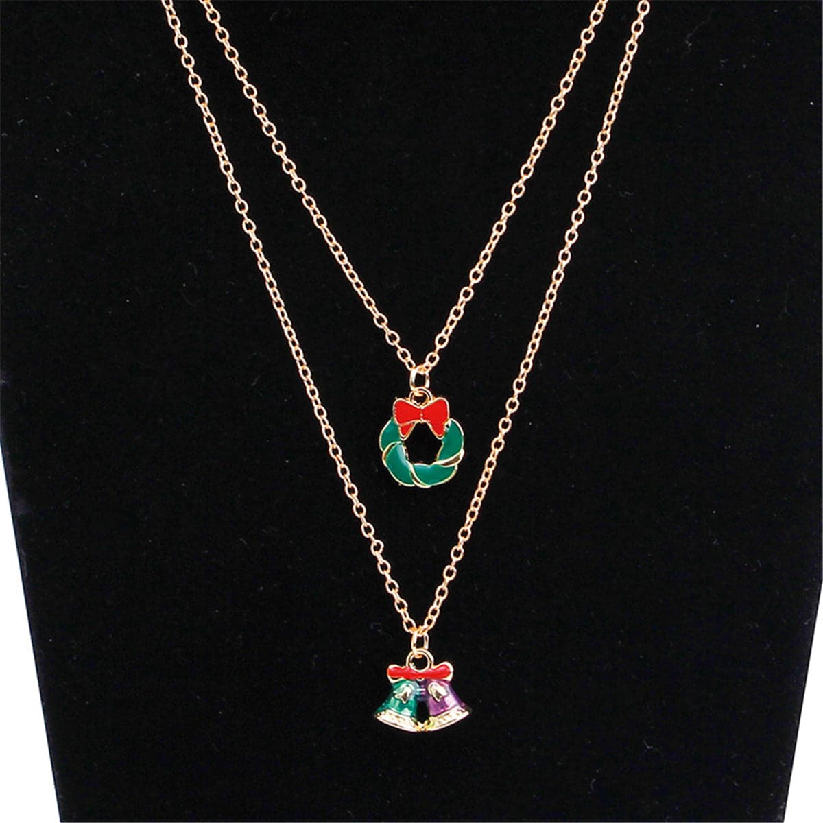 Red & Goldtone Bells & Wreath Pendant Necklace Set