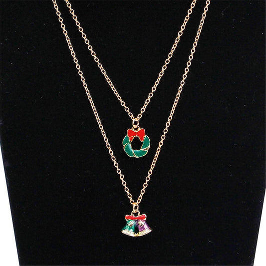 Red & Goldtone Bells & Wreath Pendant Necklace Set