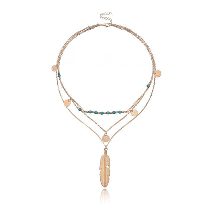 Turquoise & Goldtone Feather Layered Pendant Necklace