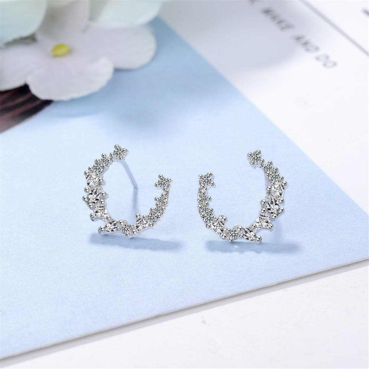 Cubic Zirconia & Silvertone Crescent Stud Earrings