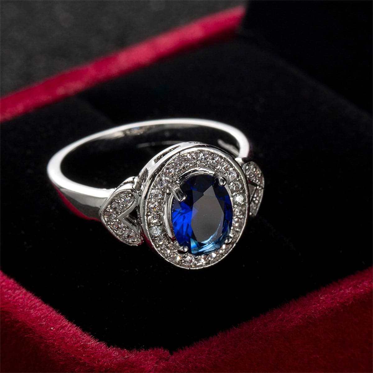 Navy Crystal & Cubic Zirconia Silvertone Heart Hola Ring-4