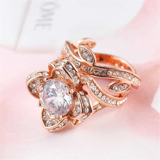 Cubic Zirconia & Crystal Rose Goldtone Floral Stacked Ring