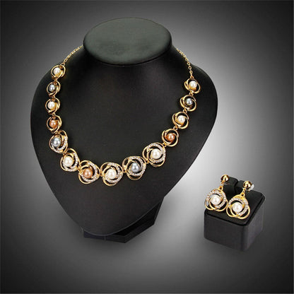 Cubic Zirconia & Pearl Goldtone Flower Drop Earrings & Station Necklace