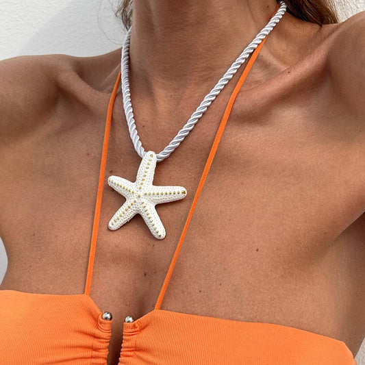 Thick Polyster Cord & White Enamel Goldtone Starfish Statement Necklace