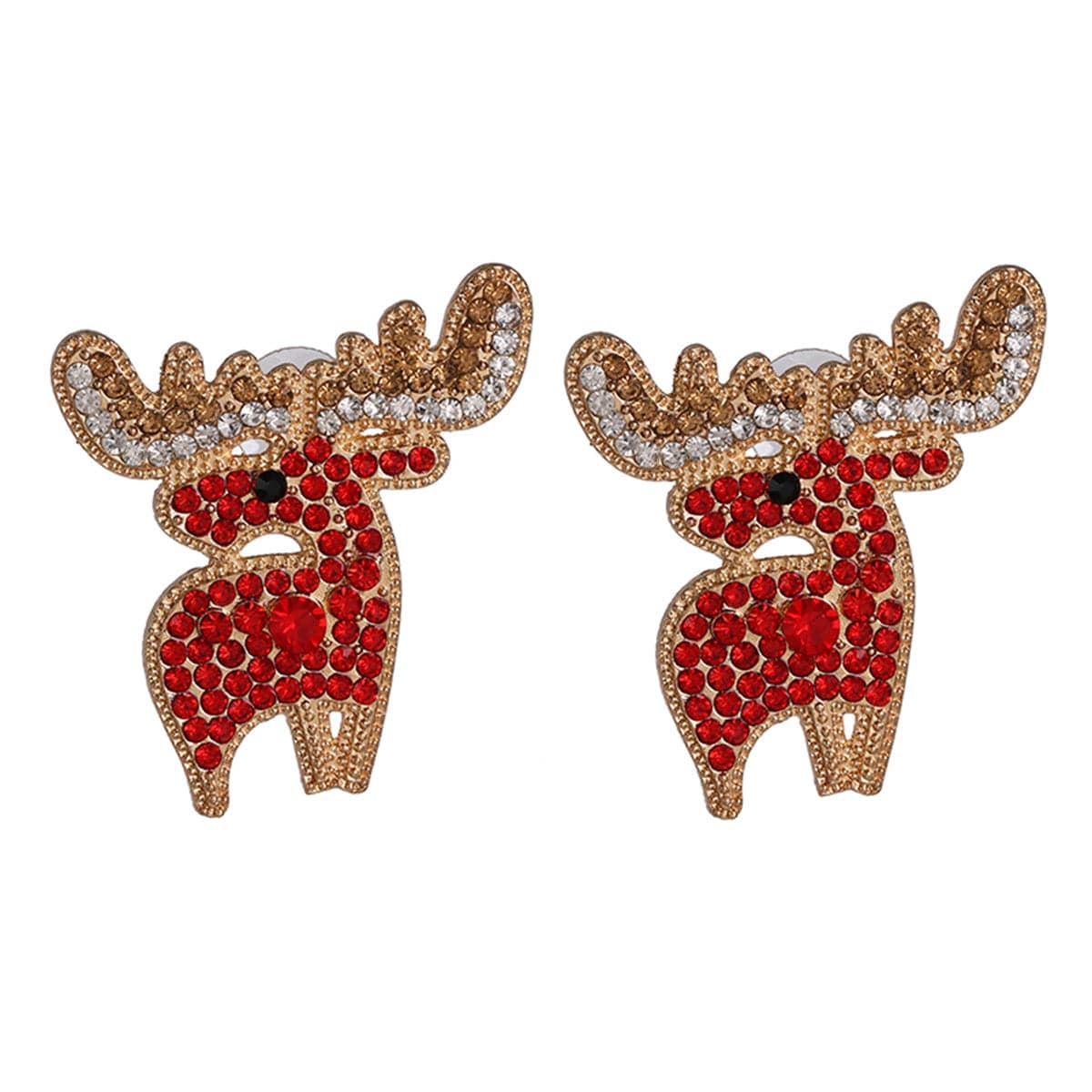 Red Cubic Zirconia & Goldtone Reindeer Stud Earrings