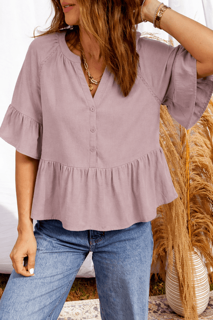 Threaded Pear Ainsley Slit Ruffled Loose Blouse