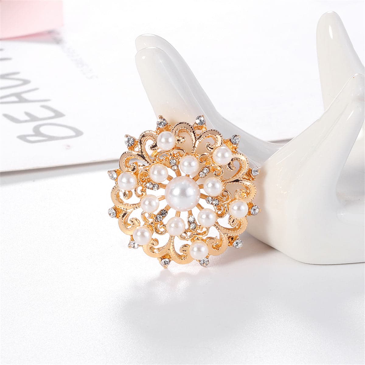 Clear Cubic Zirconia & Pearl Goldtone Round Floral Brooch