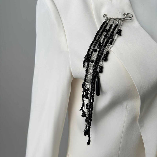 Black Crystal & Acrylic Silvertone Tassel Pin Brooch