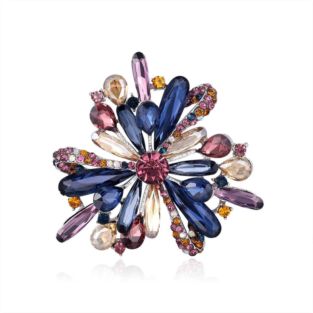 Pink & Multicolor Cubic Zirconia & Silvertone Flower Brooch