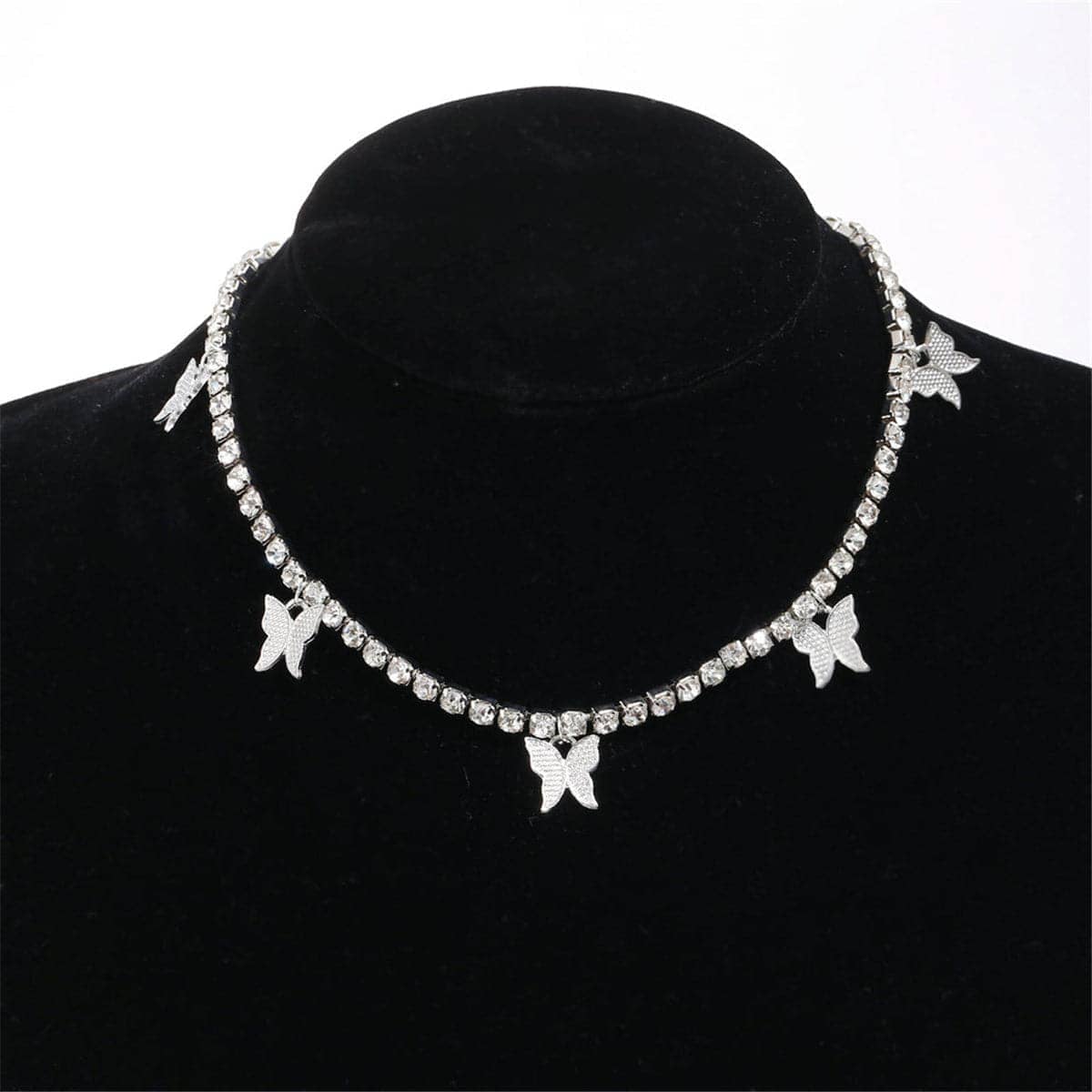 Cubic Zirconia & Silvertone Butterfly Station Choker Necklace