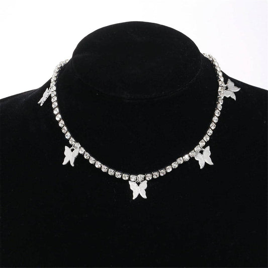 Cubic Zirconia & Silvertone Butterfly Station Choker Necklace
