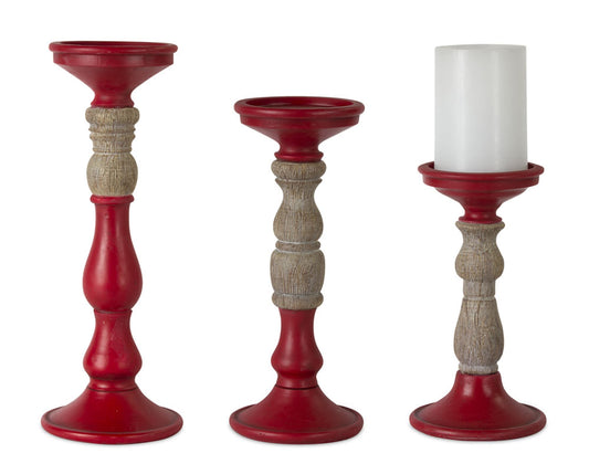 Melrose International Red Candle Holder with Wood Accent (Set of 3)