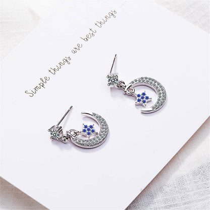 Cubic Zirconia & Silvertone Blue Star & Crescent Drop Earrings