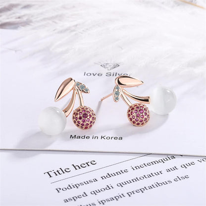 Cubic Zirconia & Cats Eye Rose Goldtone Cherry Stud Earring