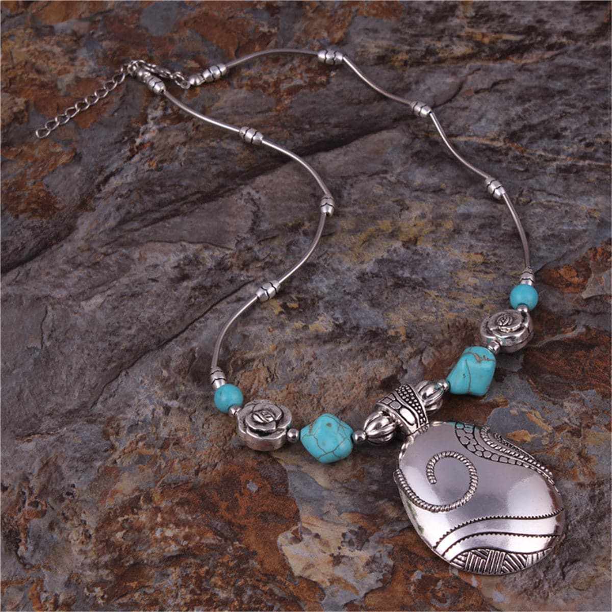 Turquoise & Silvertone Floral Teardrop Necklace