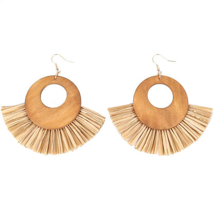 Coffee Raffia & Wood Fan Drop Earrings
