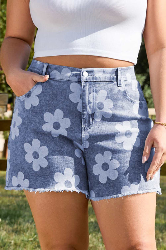 Threaded Pear Shiloh Plus Size Floral Pattern Denim Shorts