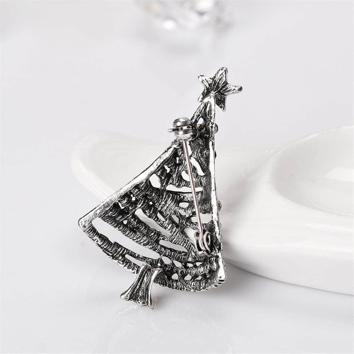Cubic Zirconia & Silvertone Openwork Christmas Tree Brooch