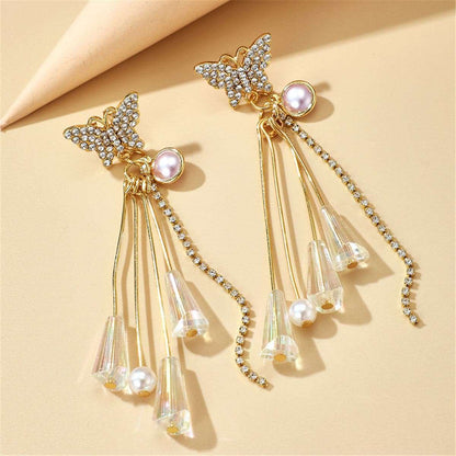 Pearl & Goldtone Butterfly Tassel Drop Earrings